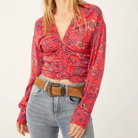 Free People Top Women XL Blouse Floral I Got You Crop Long Sleeve Ruched EE - Picture 1 of 8